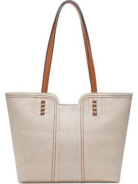 Women's Ivory Beige Vegan Leather Classy Look West Tote Handle Satchel Purse